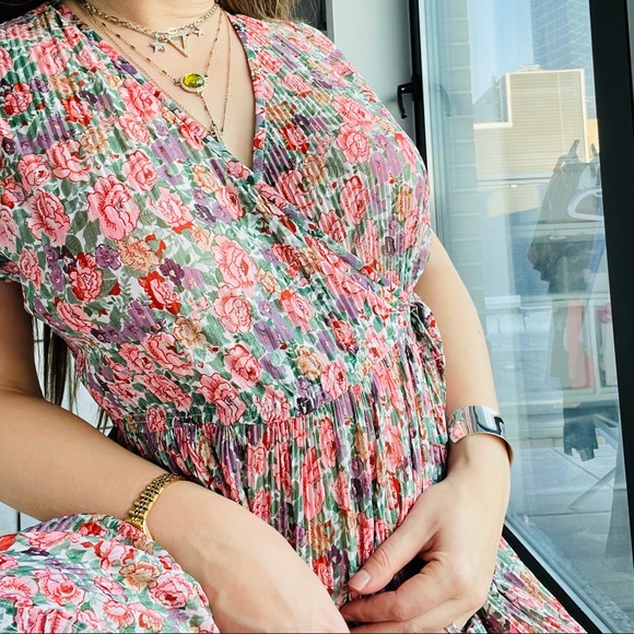 Phase II Wrap Drop Shoulder Busty Bodice Micro Pleated MIDI Floral Dress - Picture 12 of 17